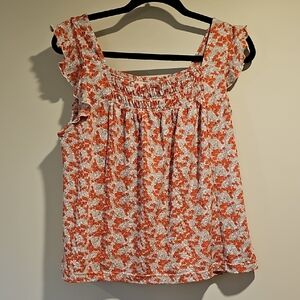 MELLODAY Floral Flutter Sleeve Blouse - Orange and White Size Medium